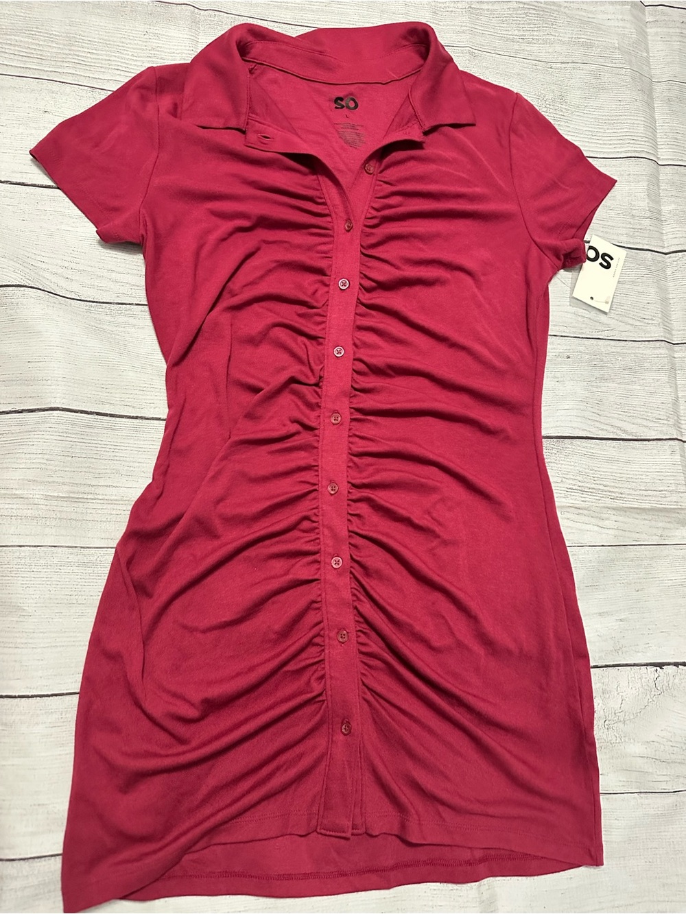 SO Ruched Button-Front Polo Dress in Red